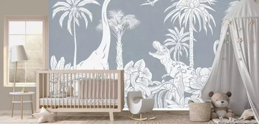 Dinos monochrome bleu - papier peint chambre enfants