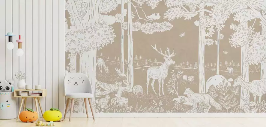 Forêt monochrome marron - papier peint enfant animaux