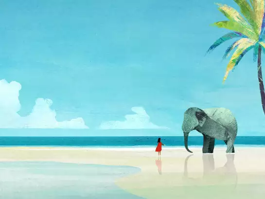 L'éléphant et la fille - papier peint plage