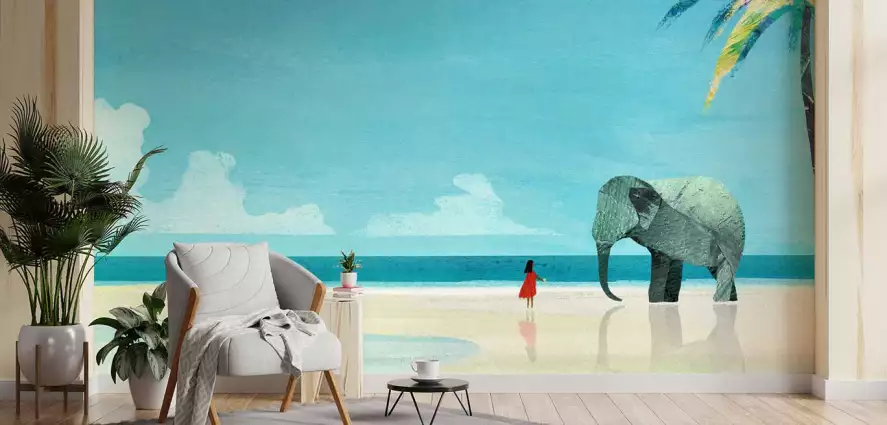 L'éléphant et la fille - papier peint plage