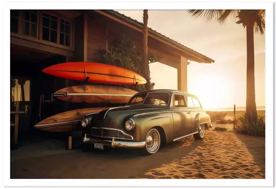 Voiture ancienne sur Sunset beach - affiche vintage voiture