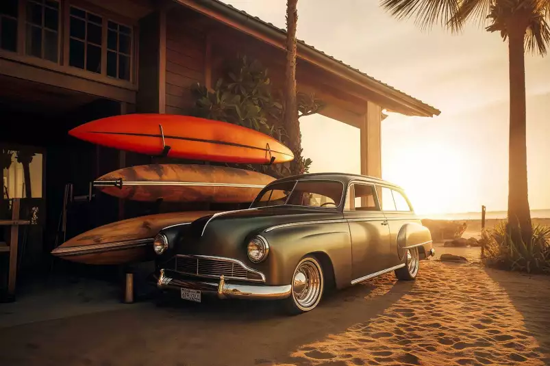 Voiture ancienne sur Sunset beach - affiche vintage voiture Voiture ancienne sur Sunset beach - affiche vintage voiture