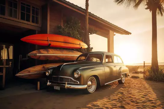 Voiture ancienne sur Sunset beach - affiche vintage voiture