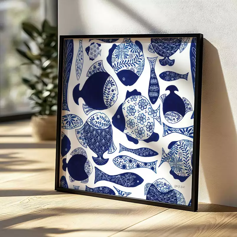 Poissons bleus et chinoiserie - affiche vintage