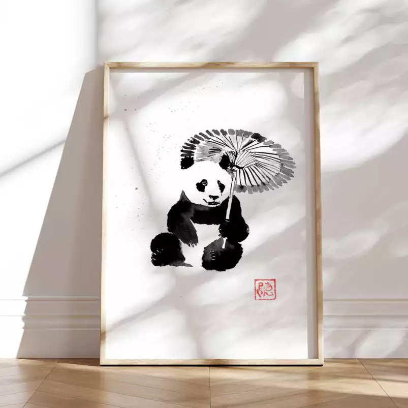 Panda sous la pluie - tableau japonais