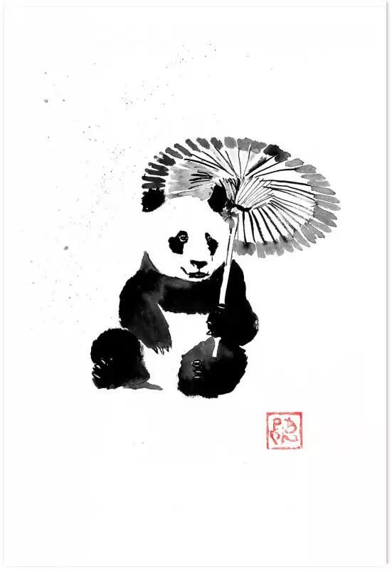 Panda sous la pluie - tableau japonais