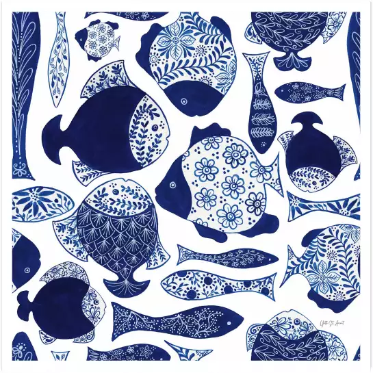 Poissons bleus et chinoiserie - affiche vintage