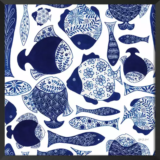 Poissons bleus et chinoiserie - affiche vintage