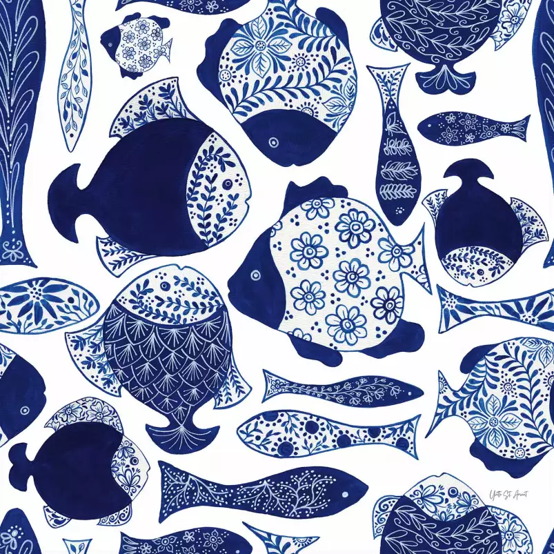 Poissons bleus et chinoiserie - affiche vintage Poissons bleus et chinoiserie - affiche vintage