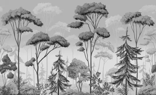Forêt Illustrée Noir et Blanc - papier peint forêt
