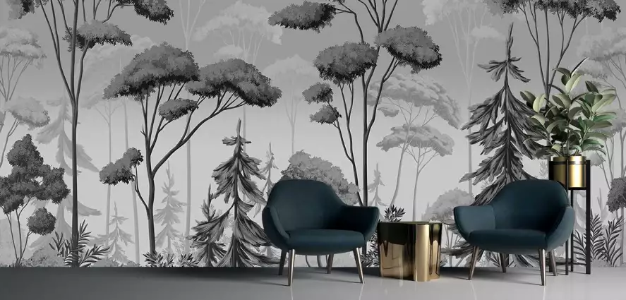 Forêt Illustrée Noir et Blanc - papier peint forêt