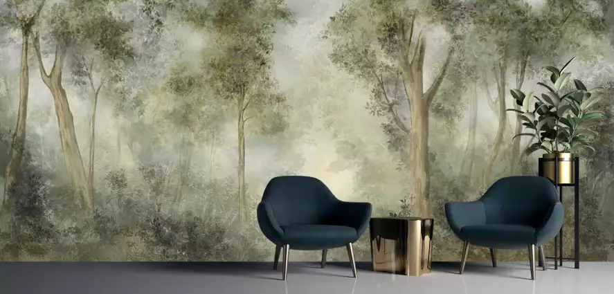 Forêt Brumeuse Illustrée - papier peint arbres