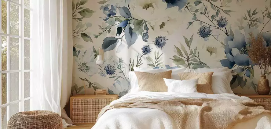 Jardin bleu nuit - papier peint a fleurs