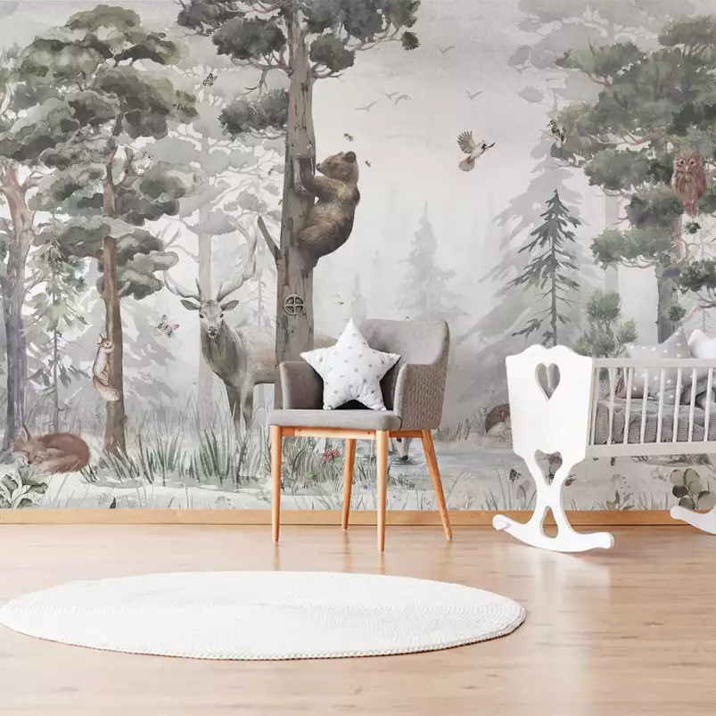 L'ours et l' arbre mystérieux - tapisserie panoramique chambre enfant