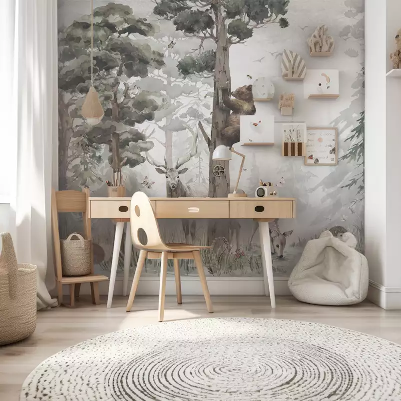 L'ours et l' arbre mystérieux - tapisserie panoramique chambre enfant