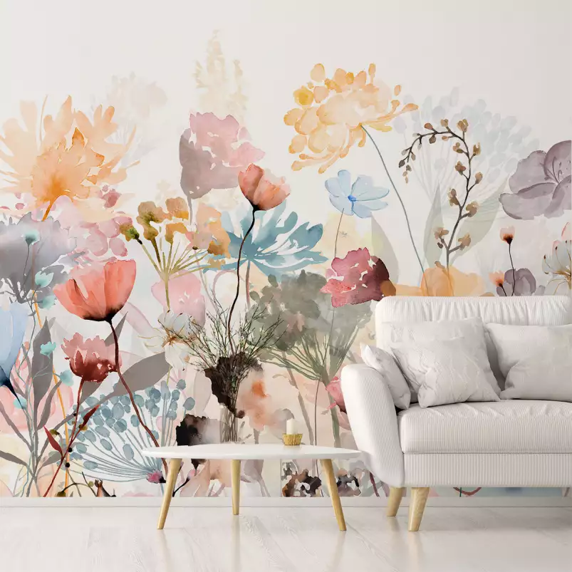 Jardin Flottant  et  Fleurs Pastel - tapisserie panoramique fleurs