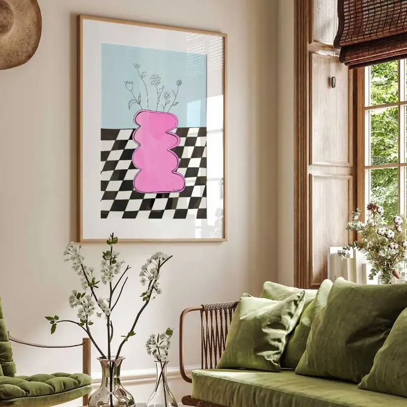 Vase illustré Damier graphique - art collage