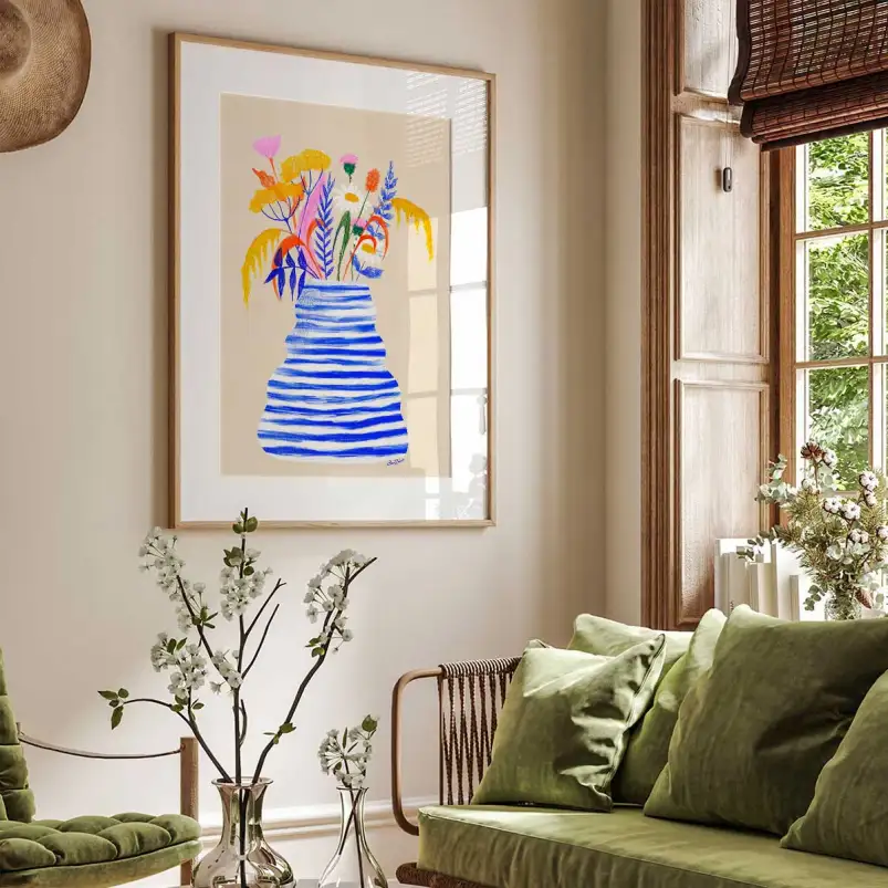 Bouquet et vase bleu Tableau floral - affiche de fleurs