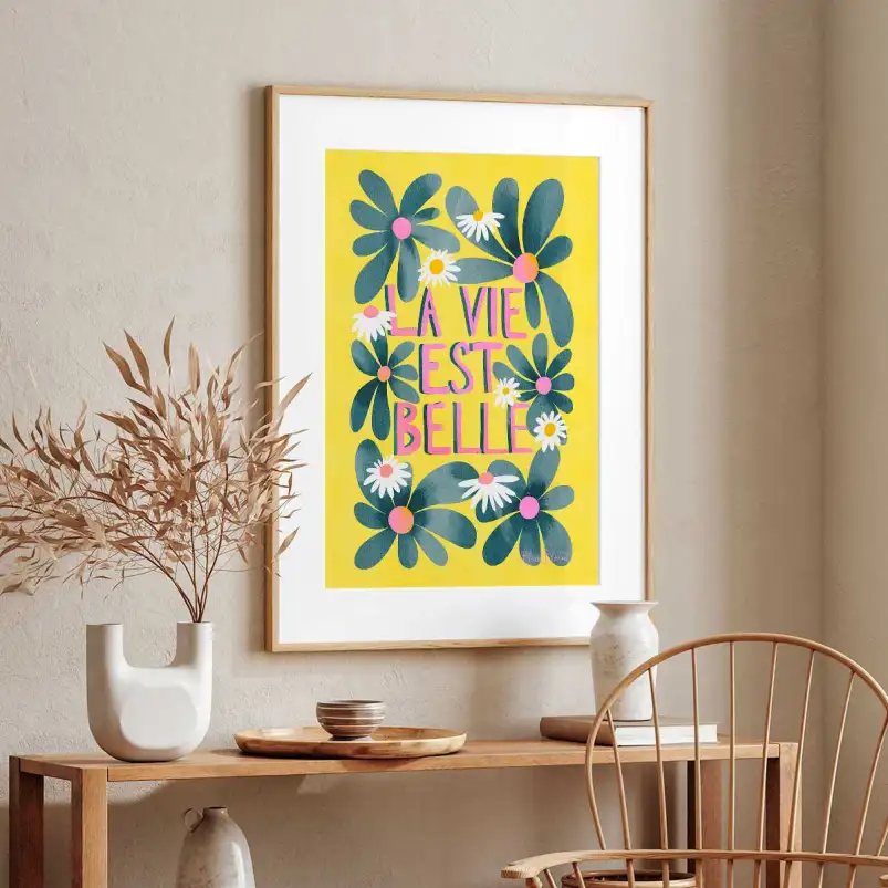 Tableau déco La vie est belle jaune - affiche fleurs