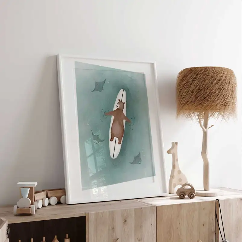 Affiche enfant L'ours sur sa planche - affiche chambre garcon
