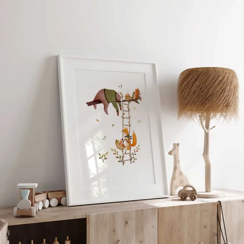 Tableau enfant Ours et renard en automne - affiche chambre garcon