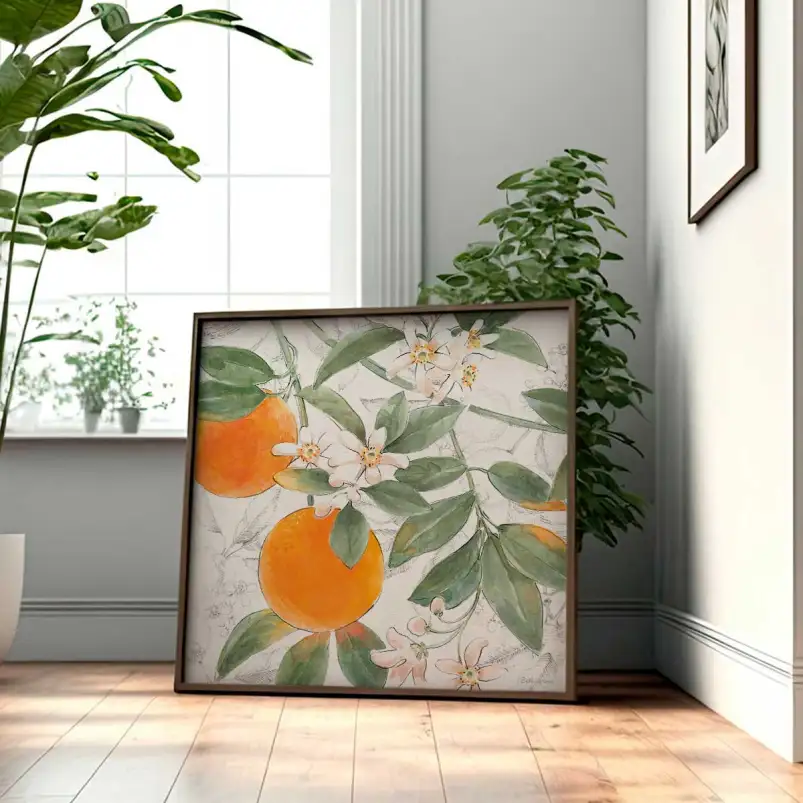 Tableau cuisine orange fleurie - affiche nature morte