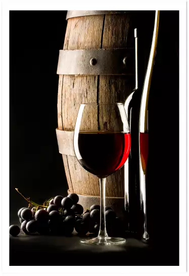 Tonneau et verre de vin rouge - affiche vin