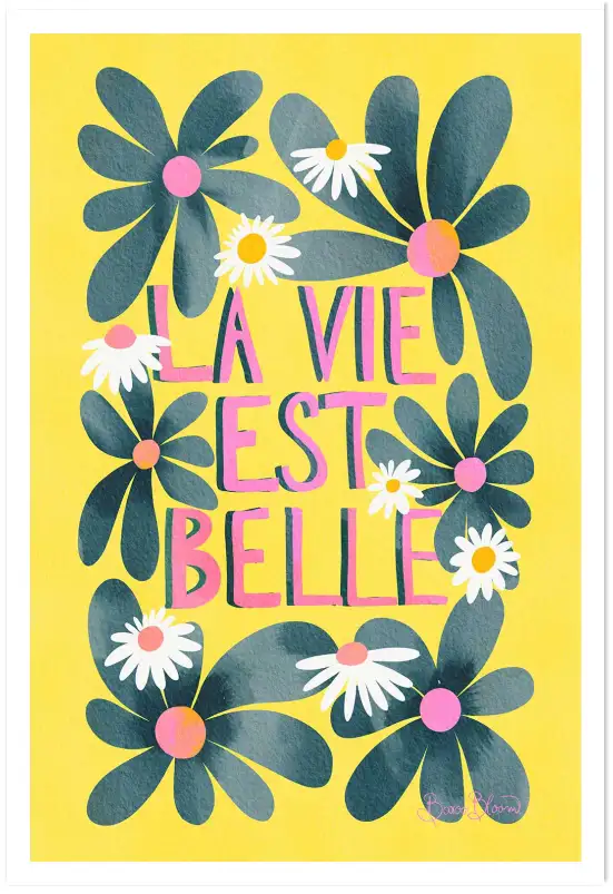 Tableau déco La vie est belle jaune - affiche fleurs