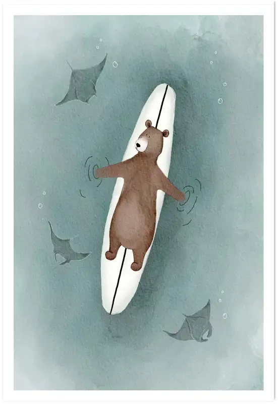Affiche enfant L'ours sur sa planche - affiche chambre garcon