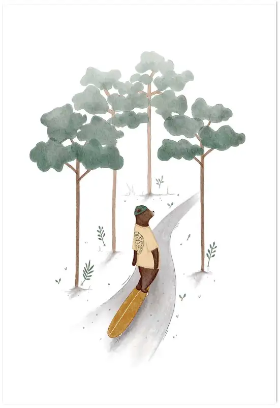 Affiche enfant L'ours en longboard - affiche chambre enfant