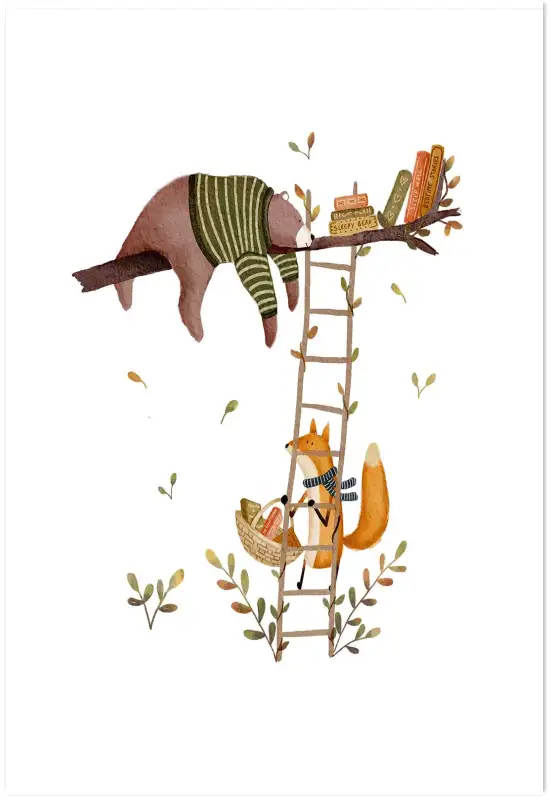 Tableau enfant Ours et renard en automne - affiche chambre garcon