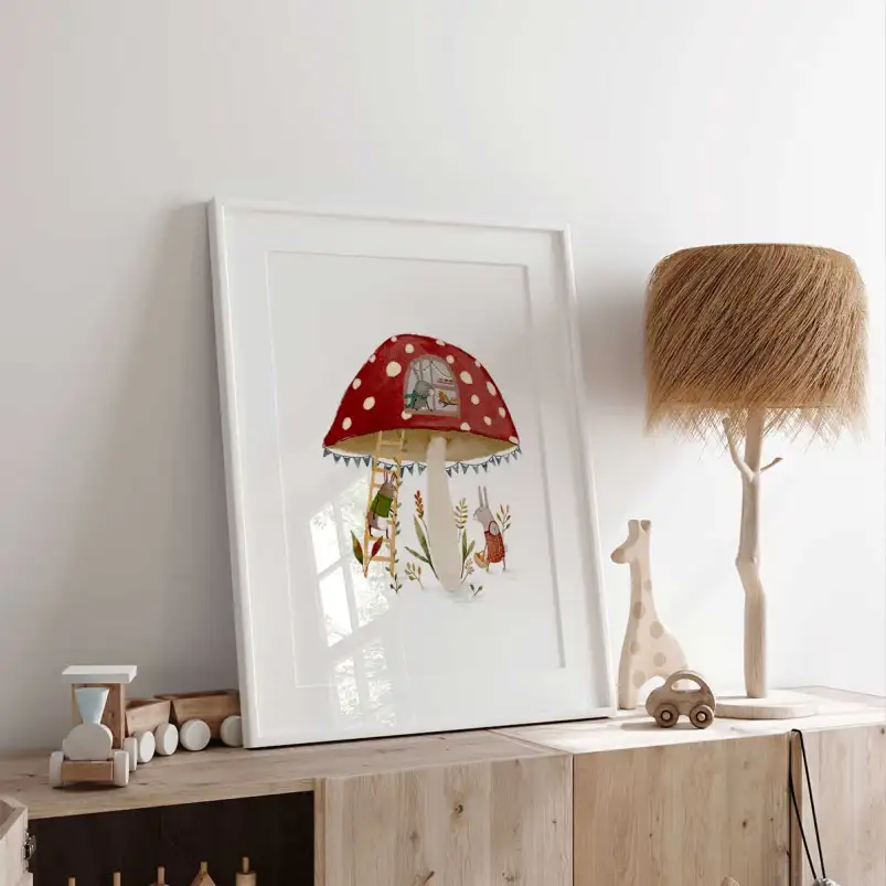 Lapin et champignons Poster mural enfant - chambre de bebe