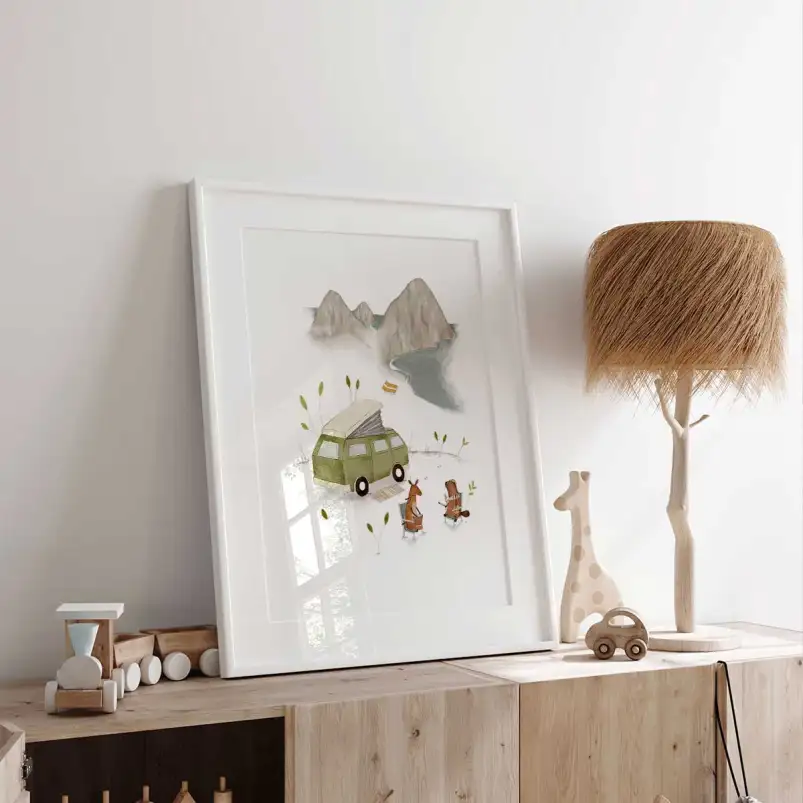 Balade en van dans la forêt - tableau enfants