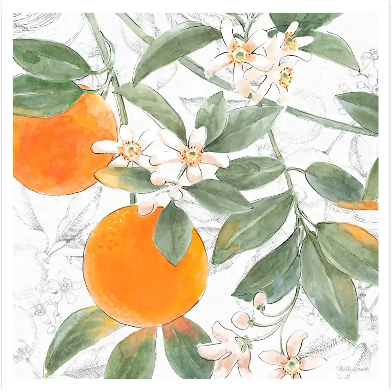 Tableau cuisine orange fleurie - affiche nature morte