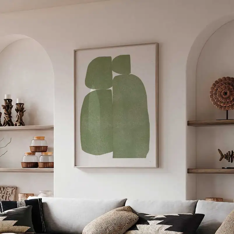 Tableau abstrait organique Bloc vert sauge