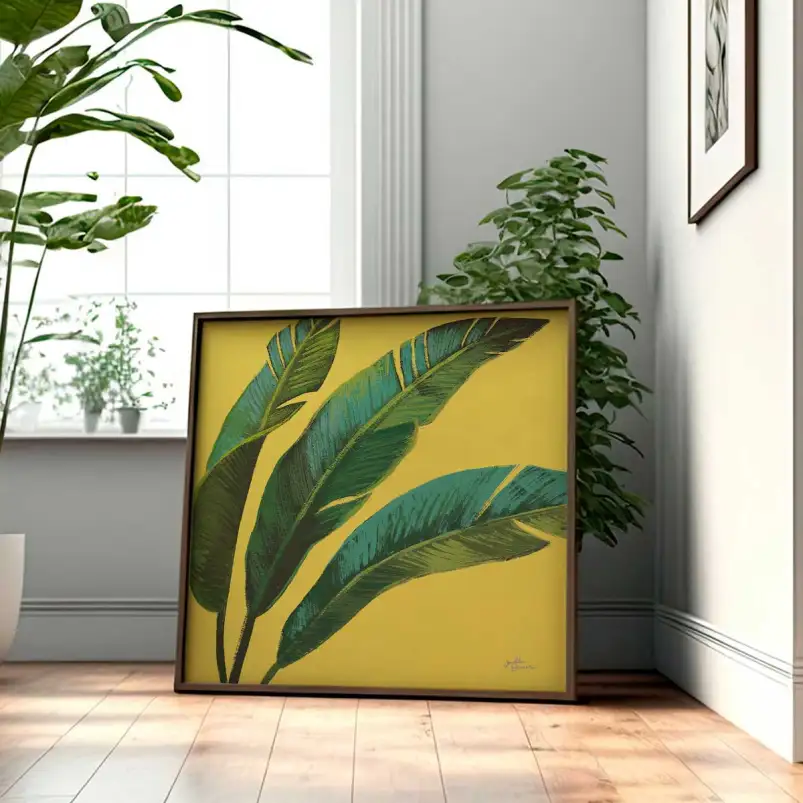 Tableau feuilles sur fond jaune  - Décoration exotique