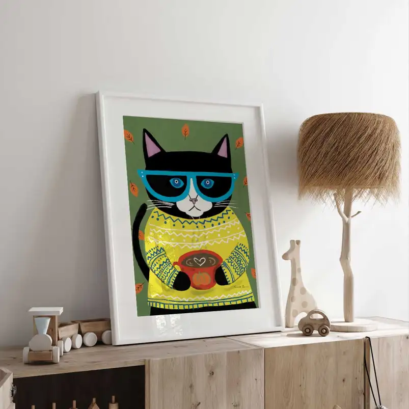 Tableau pop art chat d'automne - affiche chat coloré