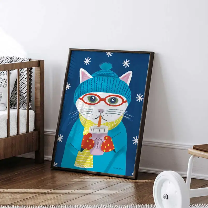 Tableau pop art chat d'hiver - affiche chat coloré