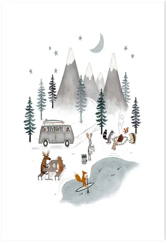 Poster enfant Camping à la montagne - poster chambre bebe