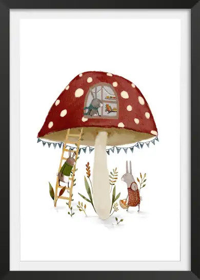 Lapin et champignons Poster mural enfant - chambre de bebe
