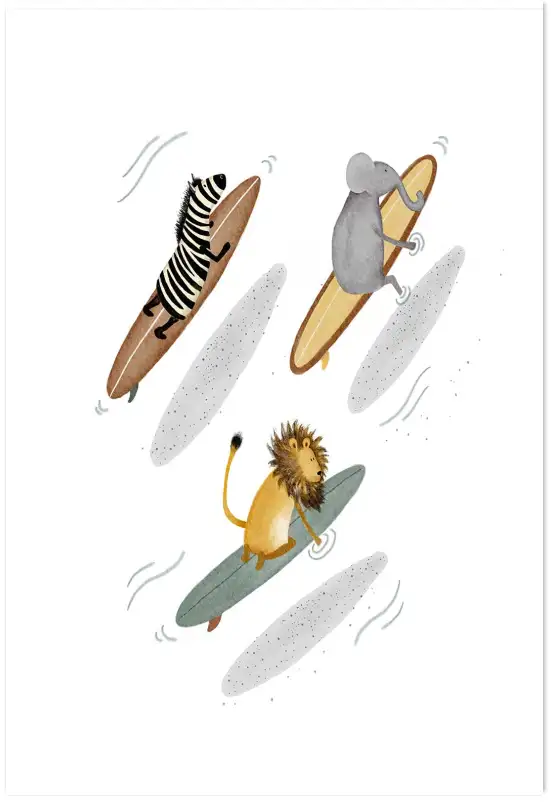Affiche enfant animaux surfers