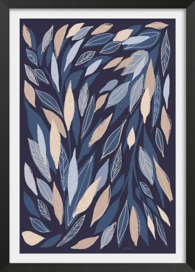 Tableau feuilles bleues sur bleu - affiche fleurs