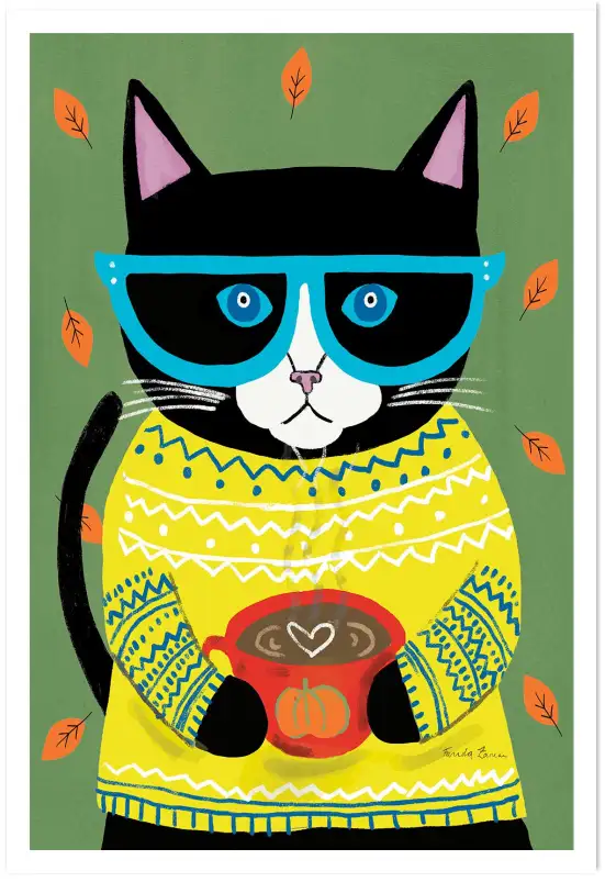 Tableau pop art chat d'automne - affiche chat coloré