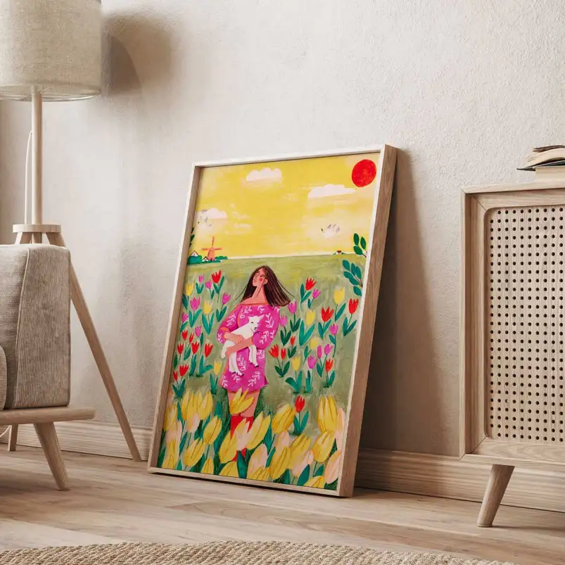Fille dans un champ de tulipes - affiche fleurs