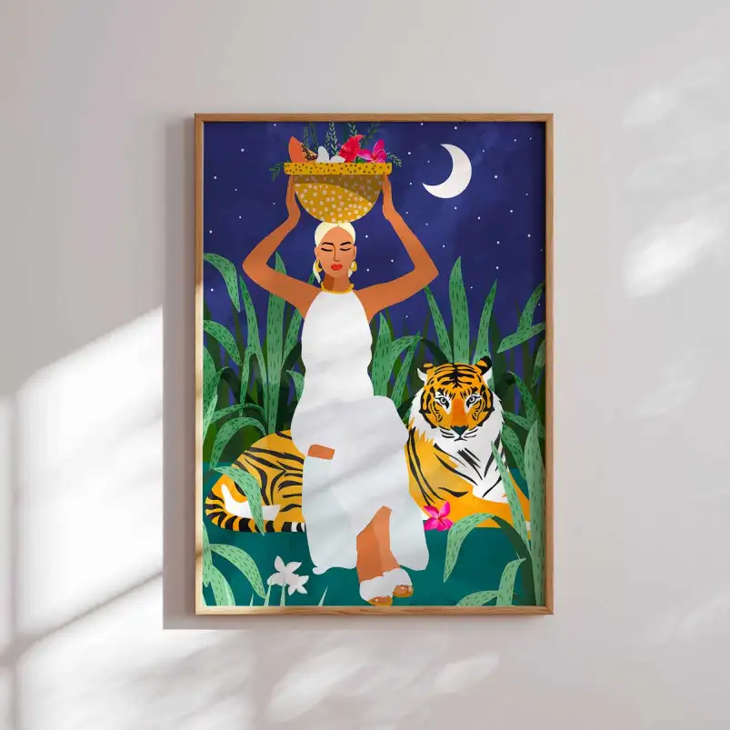 Femme et tigre dans la savane - affiche animaux