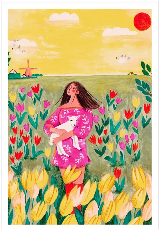Fille dans un champ de tulipes - affiche fleurs