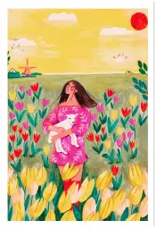 Fille dans un champ de tulipes - affiche fleurs