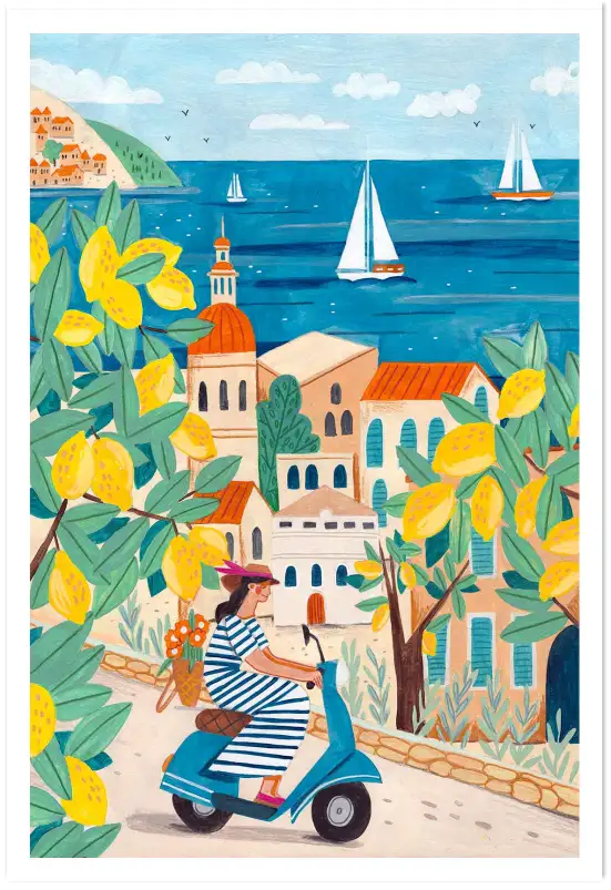 Amalfi en Vespa Vintage - affiche bord de mer
