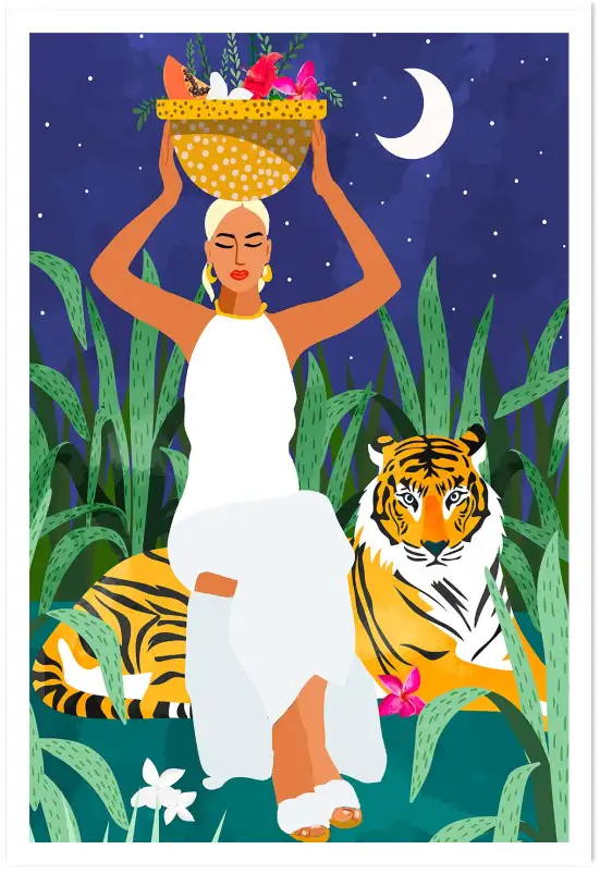 Femme et tigre dans la savane - affiche animaux