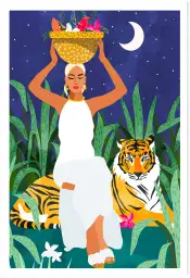 Femme et tigre dans la savane - affiche animaux